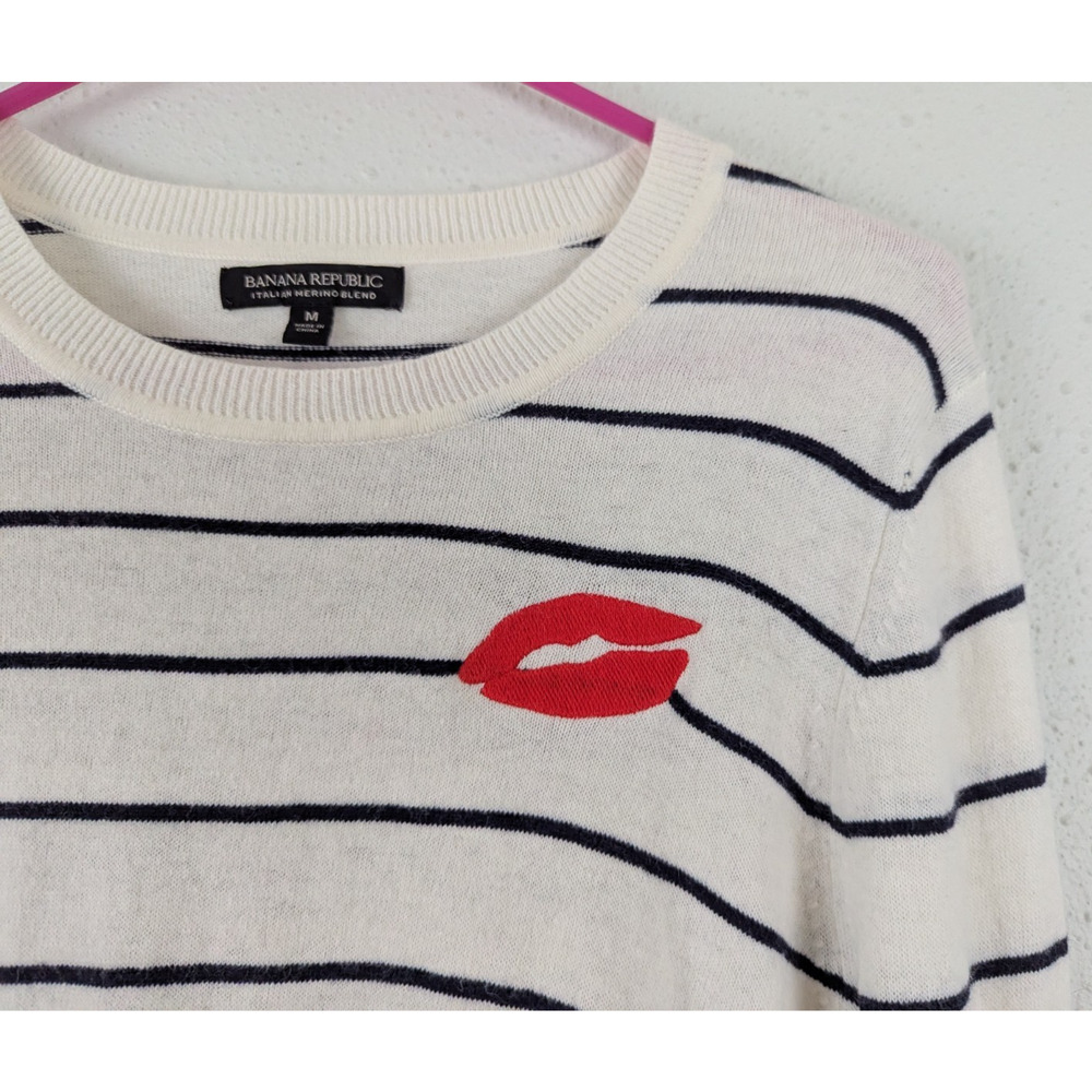 Banana Republic sz M Sweater merino wool blend stripes lips long sleeves 0661 - Picture 2 of 5